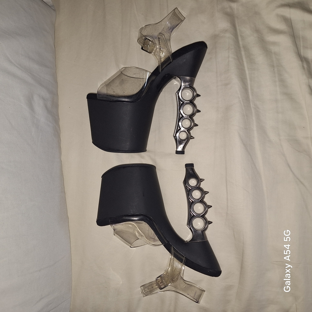Rare Pleaser Black Platform Heels with "Brass Knuckle" Design